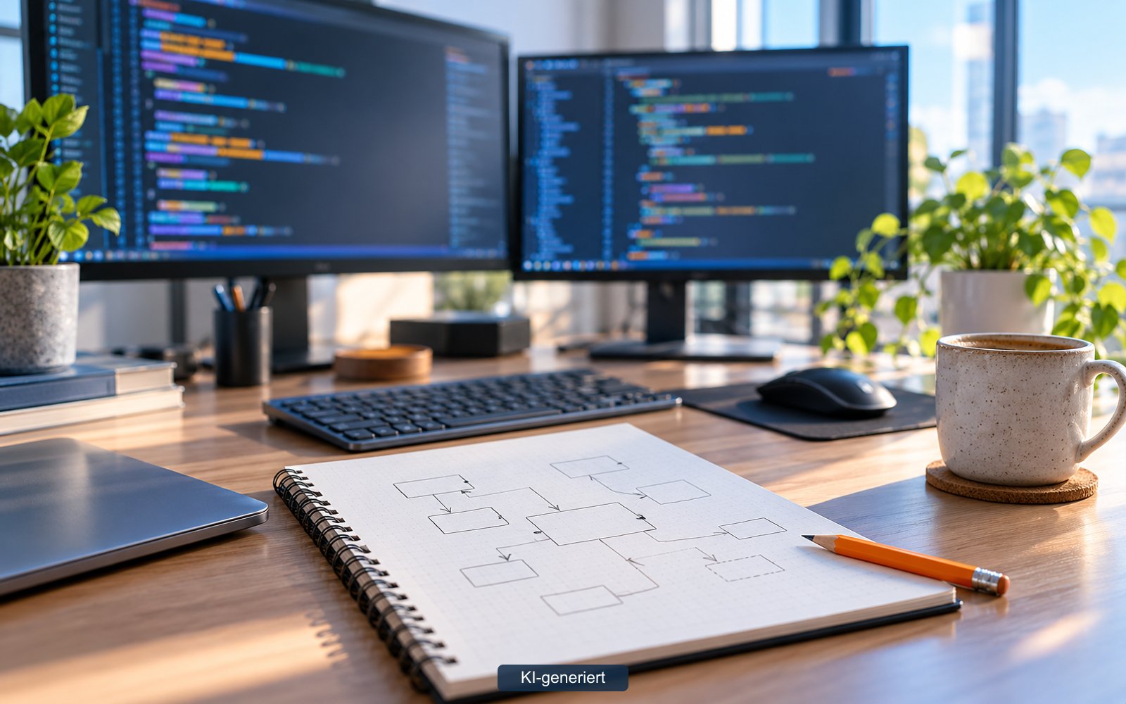 Arbeitsplatz mit zwei Bildschirmen voller Programmcode, davor ein Notizblock mit skizziertem Ablaufplan und ein Kaffeebecher.