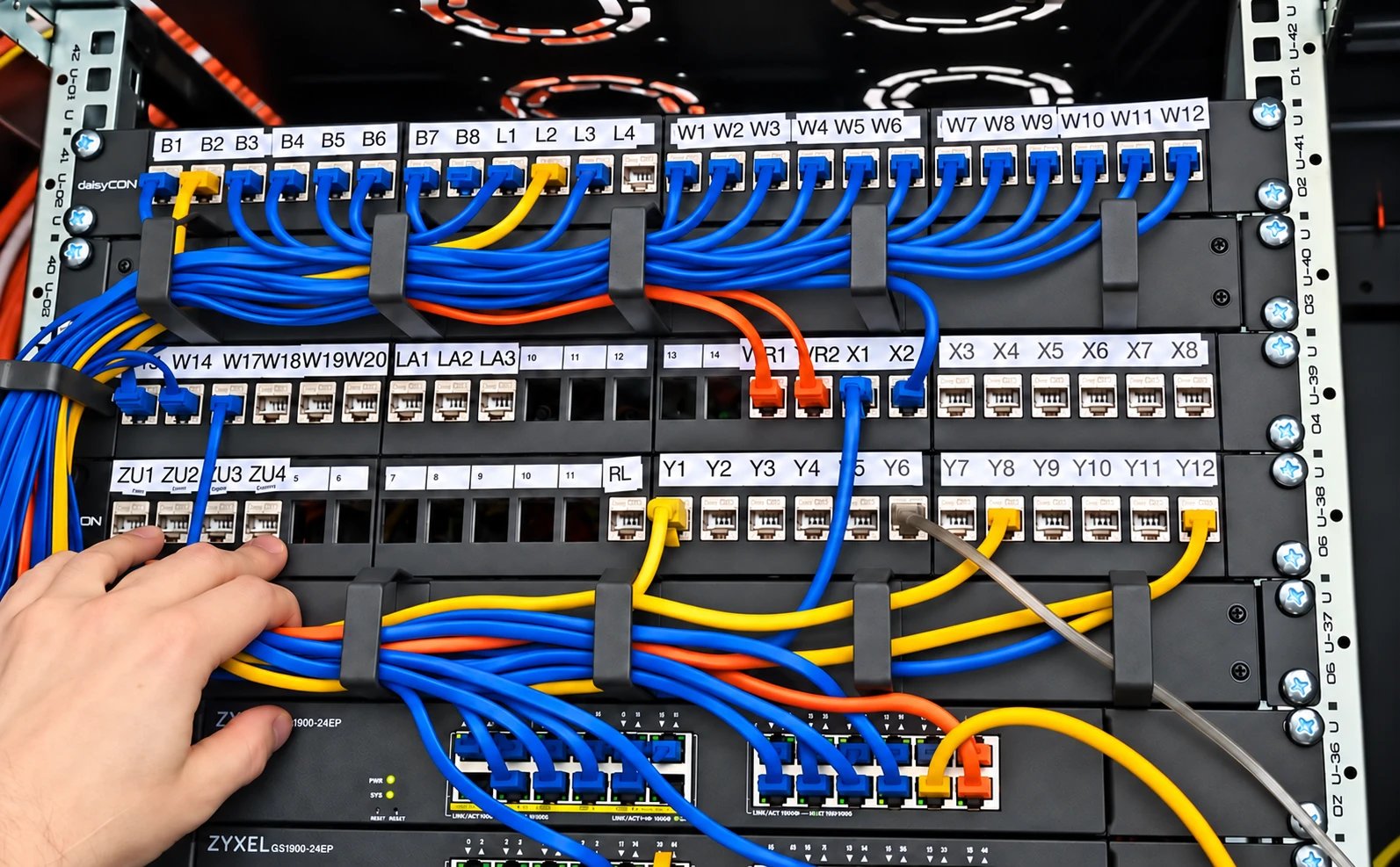 Netzwerkschrank nachher: beschriftete Patchfelder, kurze Patchkabel sauber in Kabelführungen zu den Switches gelegt.