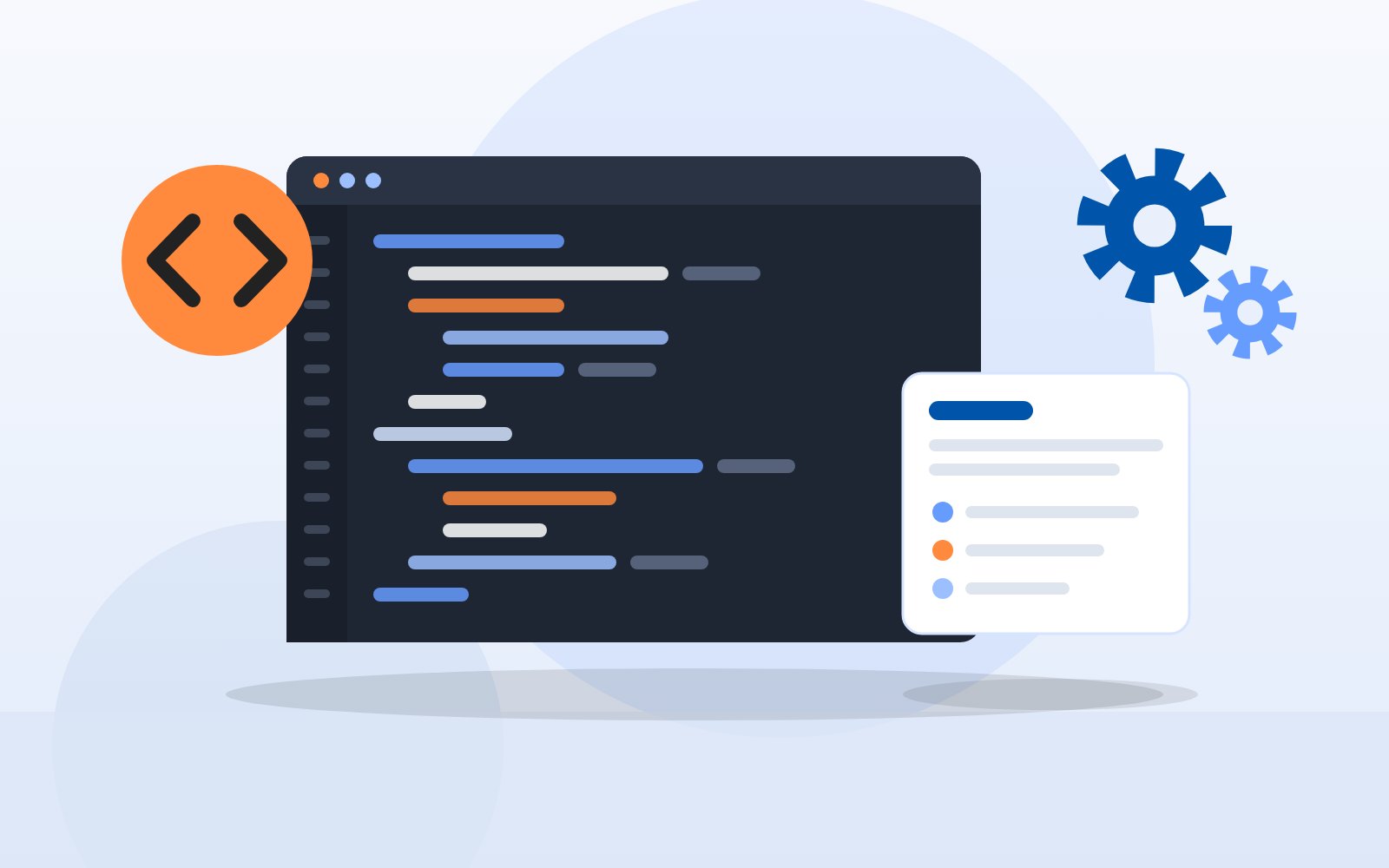 Code-Editor mit farbigen Zeilen, daneben eine Karte mit Daten, ein Symbol für Programmcode und zwei Zahnräder.